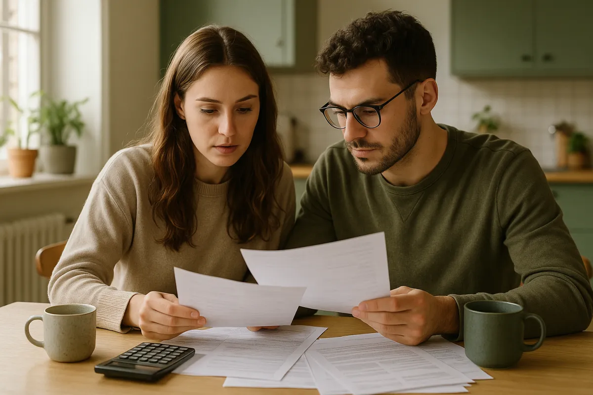 Two people at a kitchen table reading through printed paperwork together with a calculator and mugs beside them