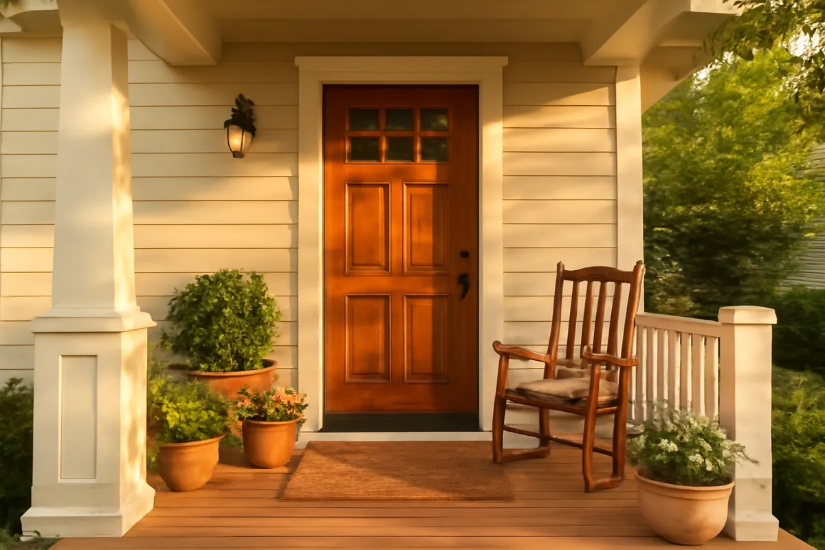 A covered front porch with a wooden six-panel door, a rocking chair, and potted plants