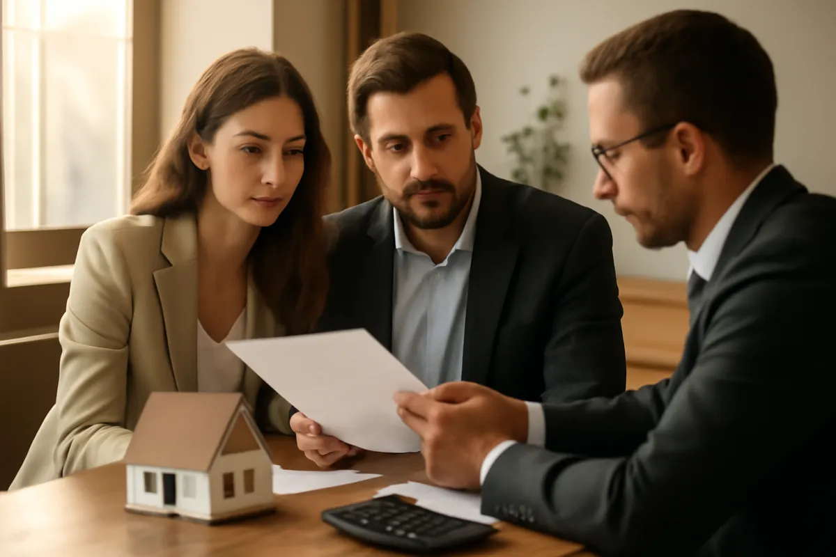 Three people seated at a wooden table looking at a printed page, with a small model house and a calculator in front of them