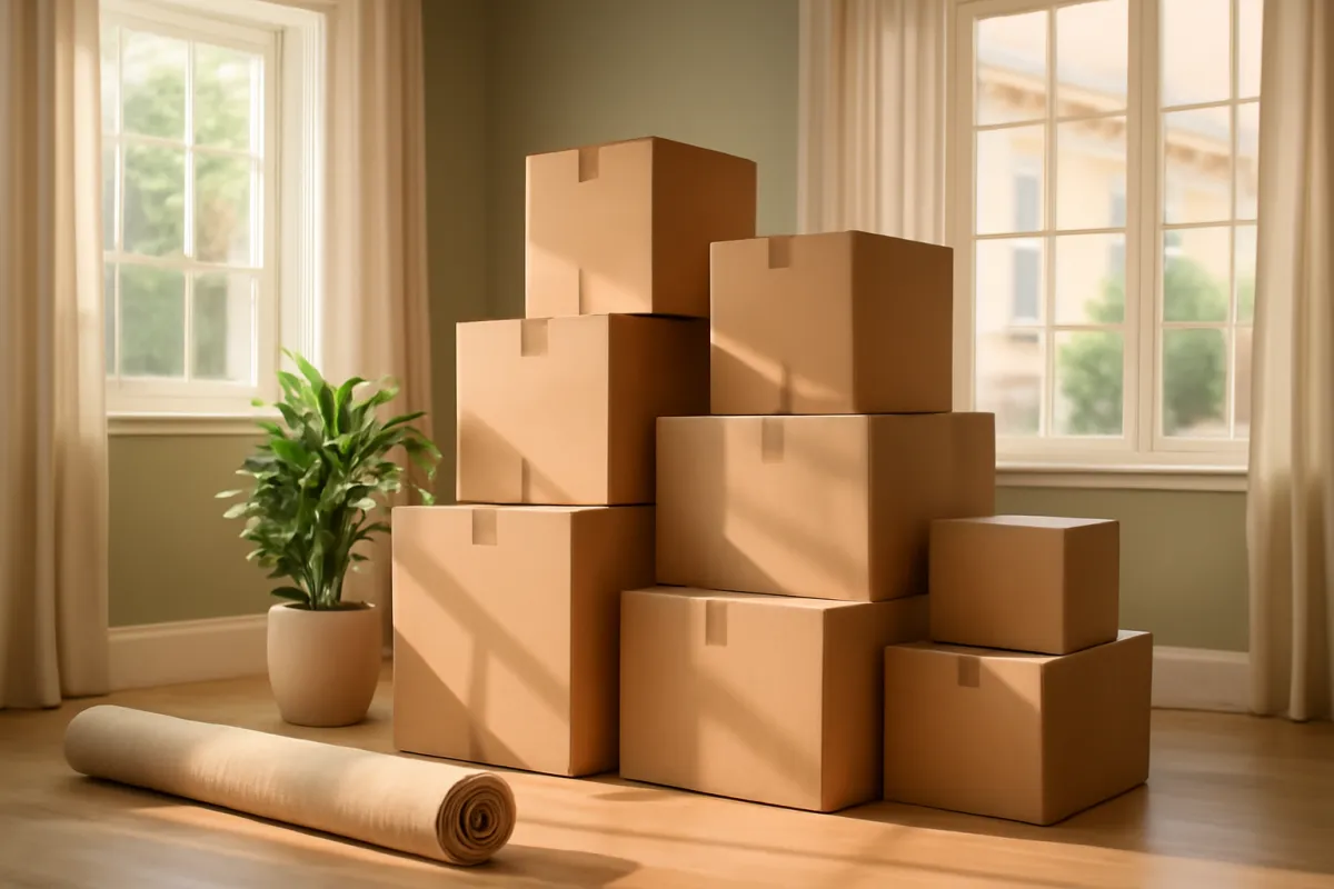 Cardboard moving boxes stacked in a corner of an otherwise empty room with a rolled rug on the wood floor and sunlight coming through two windows