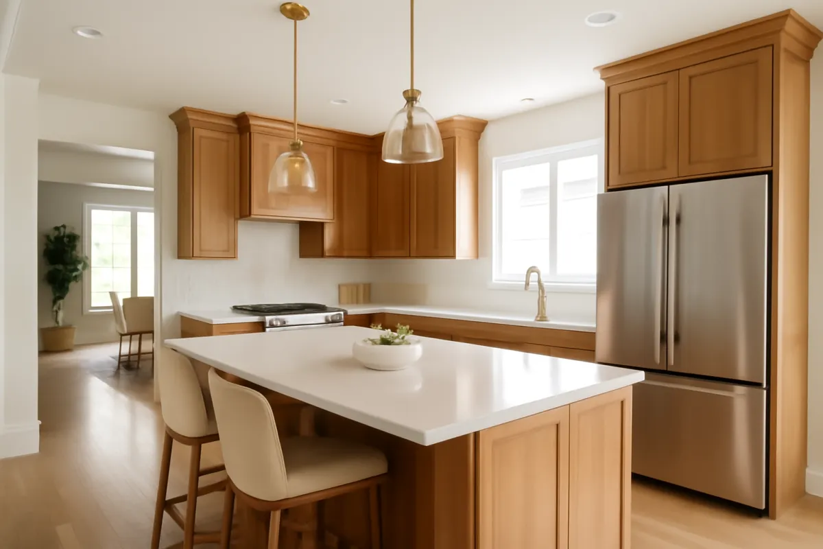 A kitchen with light wood cabinets, a white counter island with two upholstered stools, a stainless steel refrigerator, and a window above the sink, opening onto a dining area beyond
