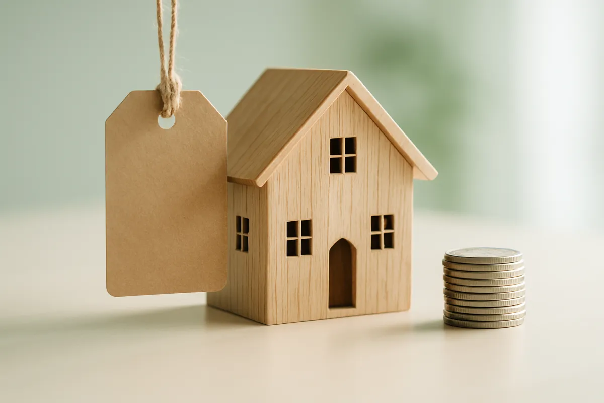A blank kraft-paper price tag on a string hanging beside a small wooden house model and a stack of coins on a pale surface