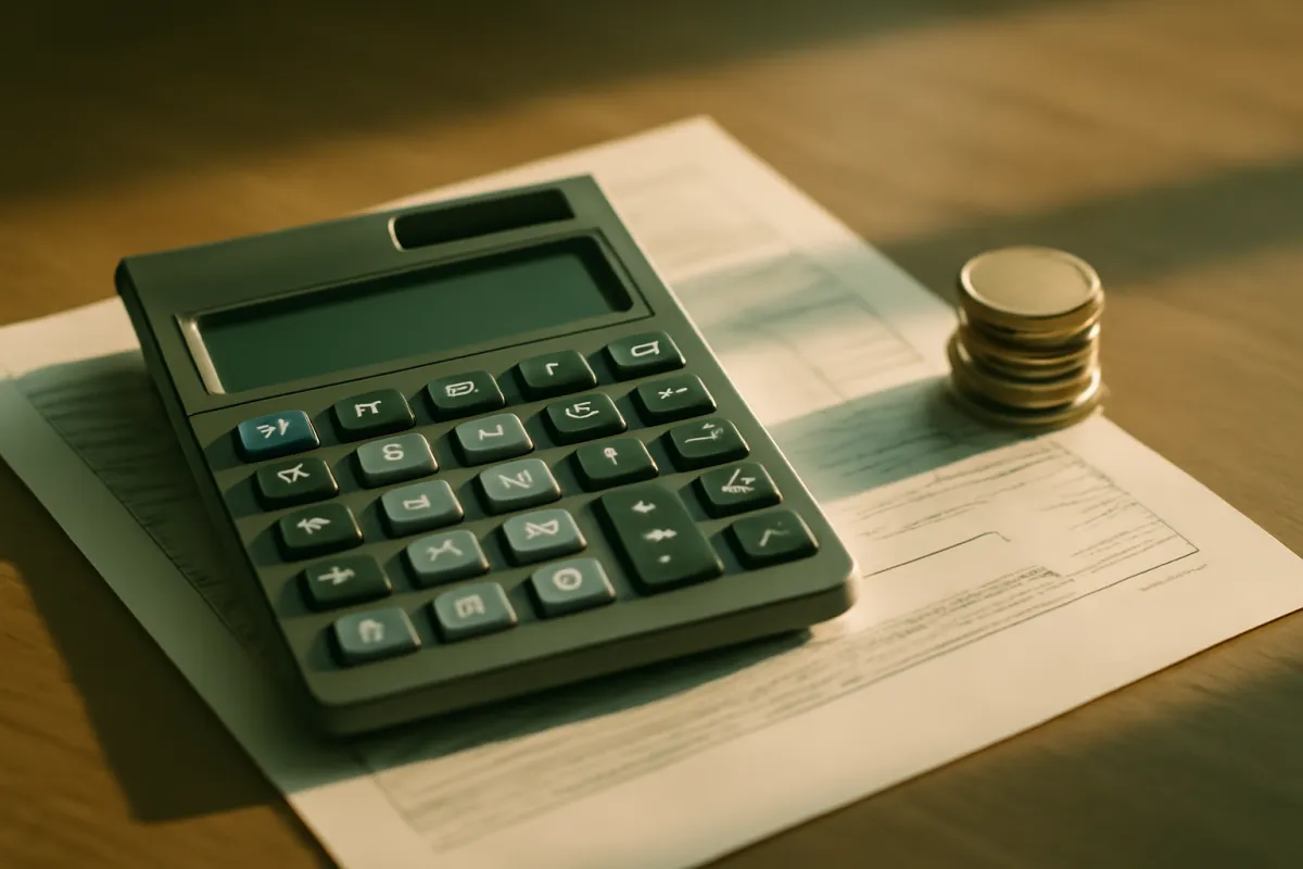 A dark green desk calculator with a blank display resting on printed pages of faint ruled lines beside a short stack of coins on a wooden table
