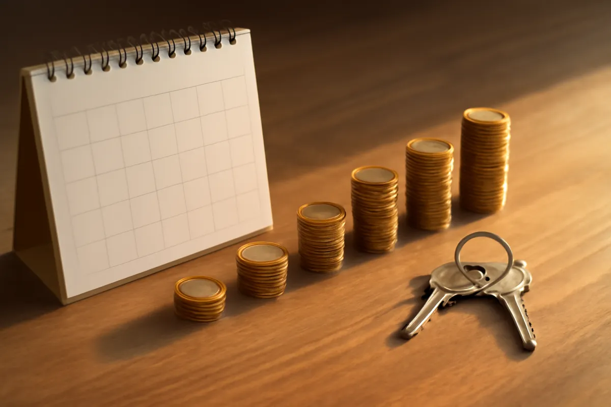 A blank spiral bound desk calendar standing beside six stacks of gold coins rising from left to right and two keys on a metal ring, all on a wooden surface